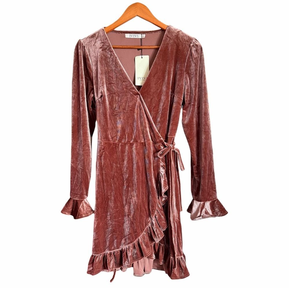IVIVI Velvet Wrap Mini Dress Women S Dusty Rose Pink Ruffle Long Sleeve NWT - Picture 2 of 10